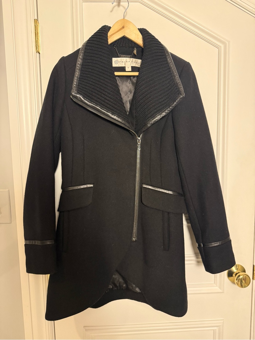 Trina Turk Black Moto Coat Leather Trim Size 0